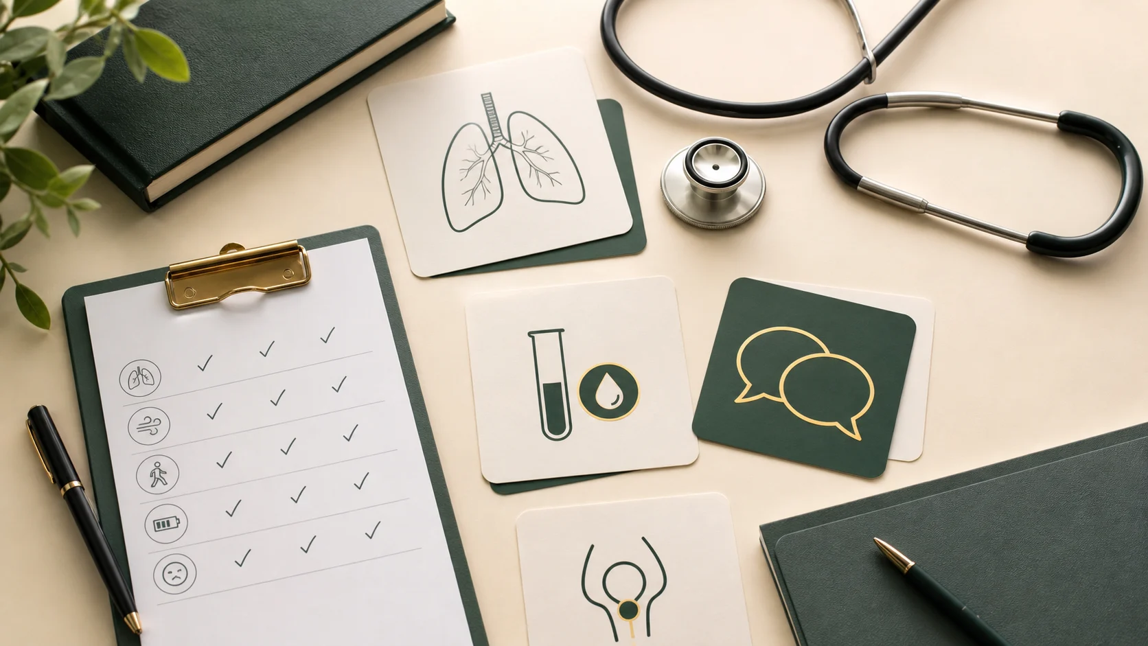 의학적 desk with stethoscope, abstract lung card, blank symptom checklist and conversation icon cards.