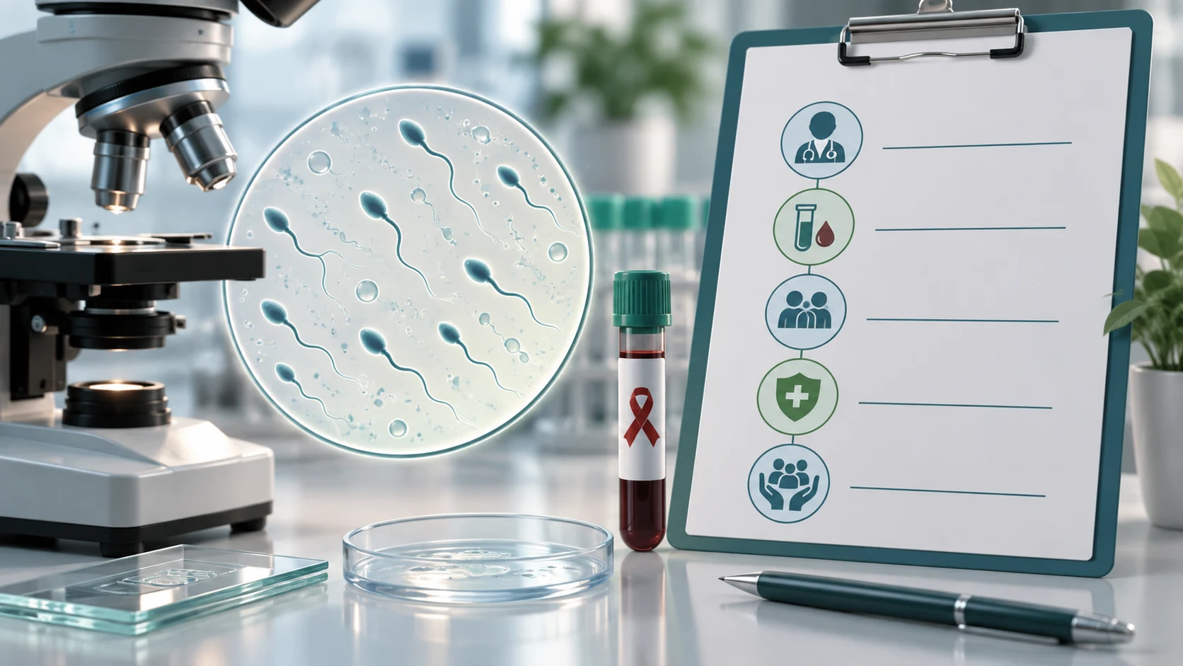 Médical illustration showing microscope, sperm cells, blood sample and a blank clinical care pathway checklist.