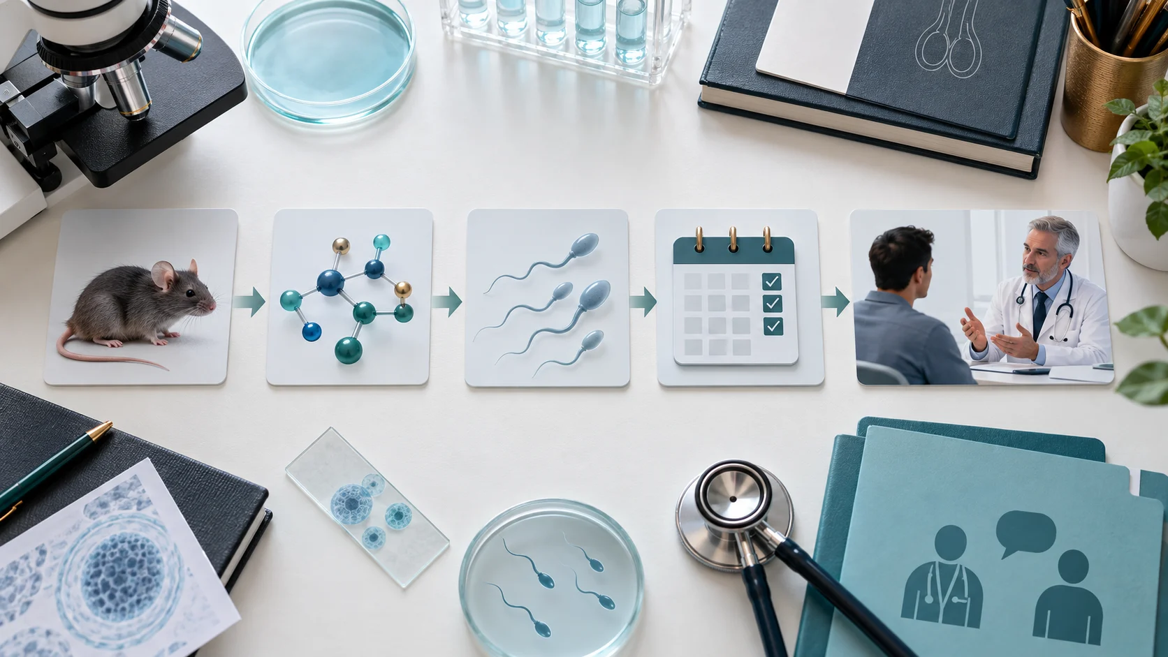 Editorial research-path visual moving from a mouse-model card through lab and sperm motifs toward a clinical consultation.