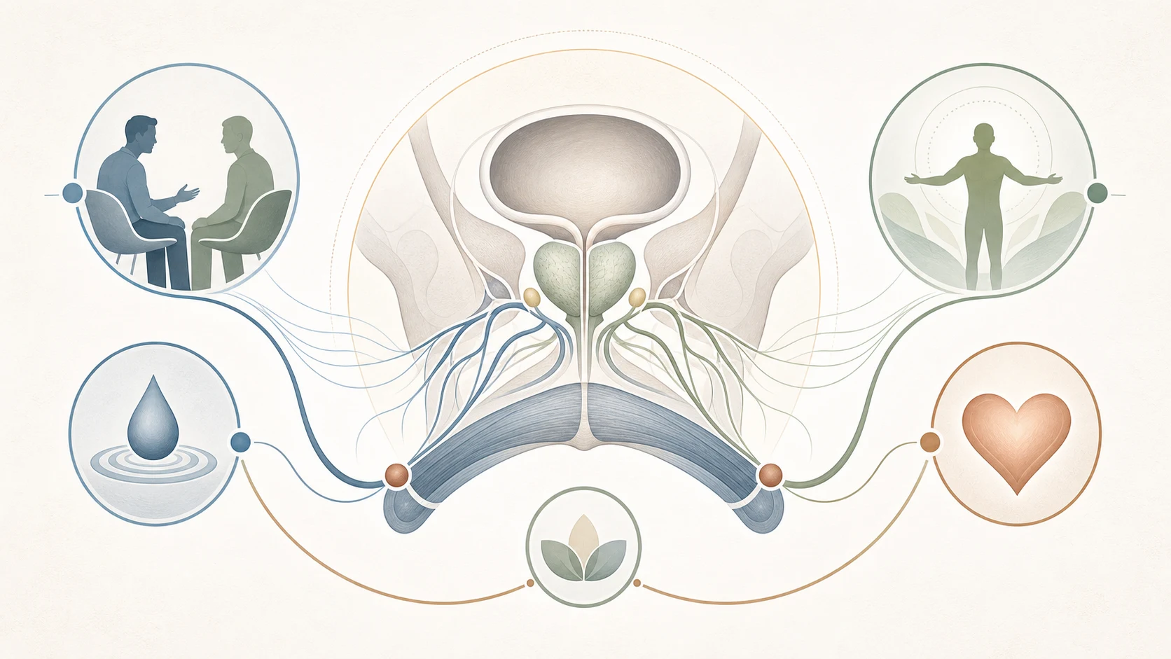 Abstract male pelvic health illustration connecting bladder, prostate area, pelvic floor and recovery themes.
