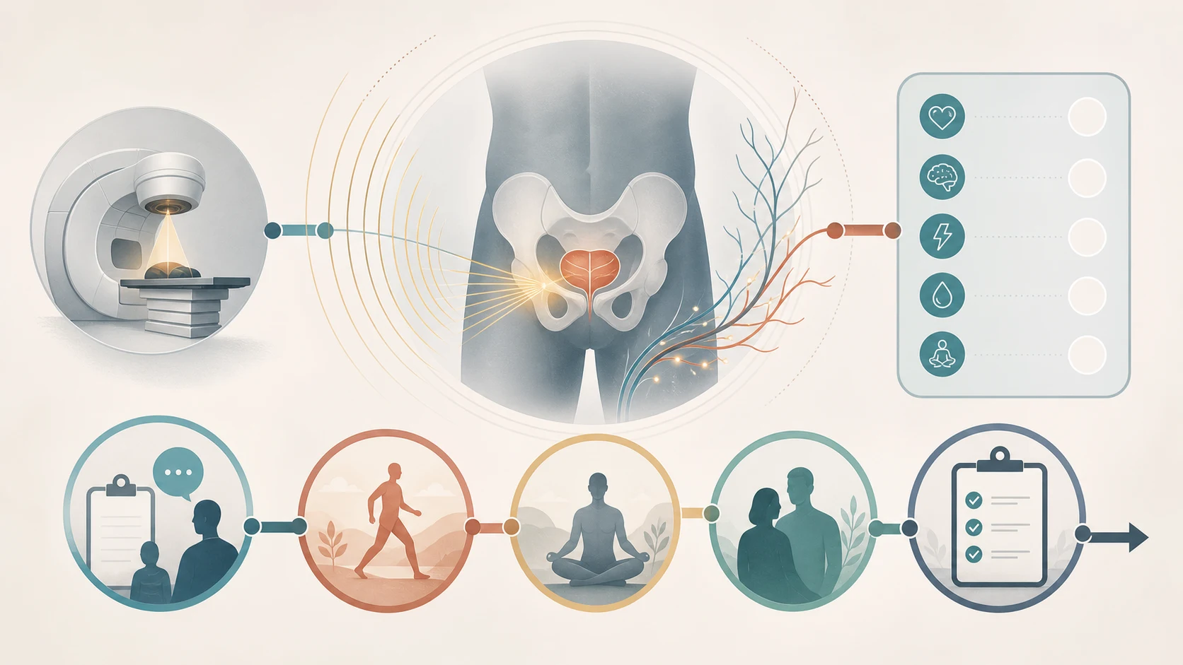 Abstract 의학적 pathway graphic showing 전립선 radiotherapy, 골반 nerves, support icons and follow-up steps without text