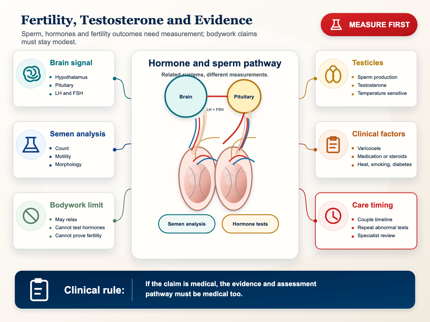 Medical infographic showing hormone signaling, sperm production, semen analysis and limits of bodywork claims