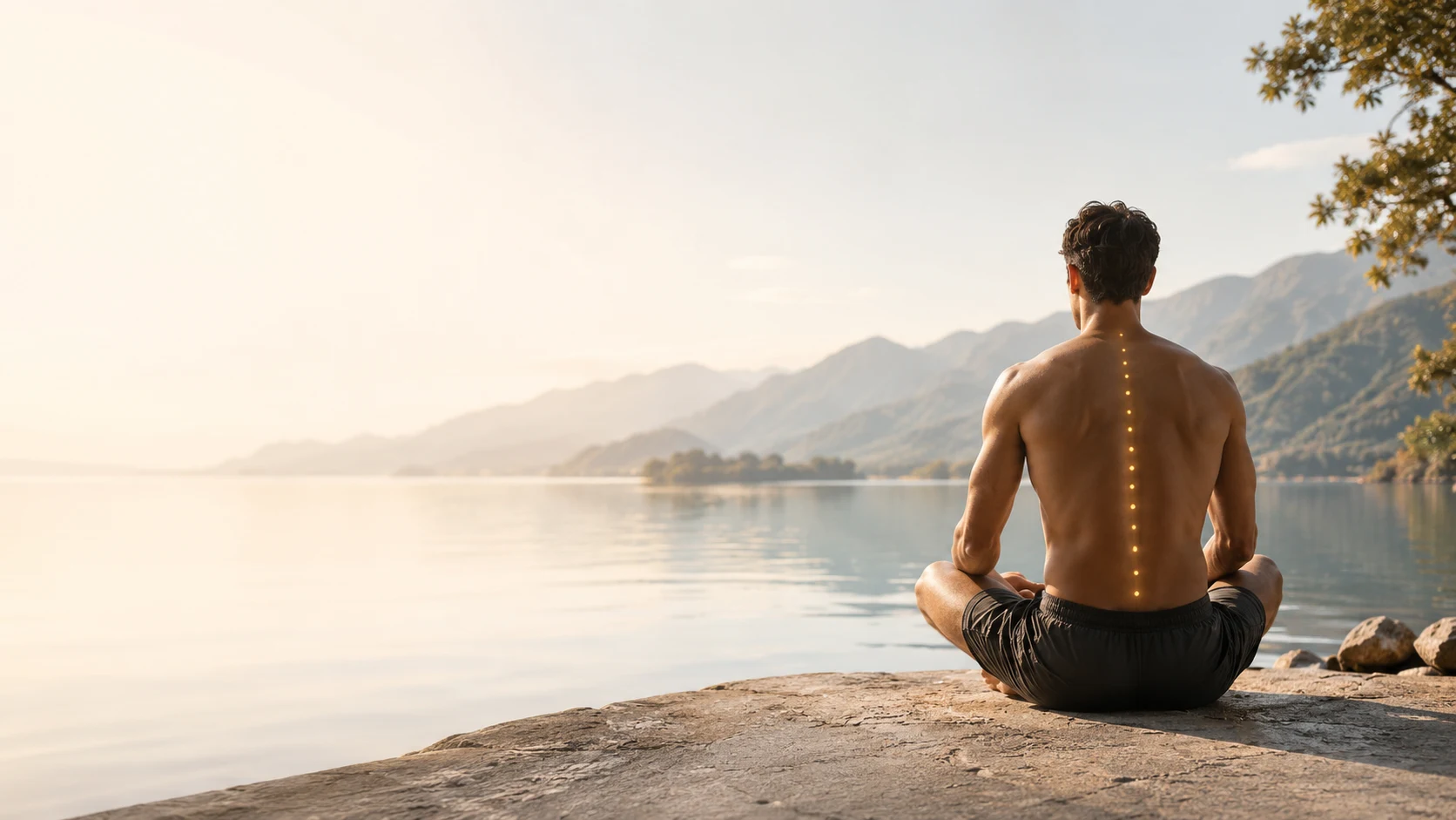 Man seated calmly near water, viewed from behind with a subtle spine light line