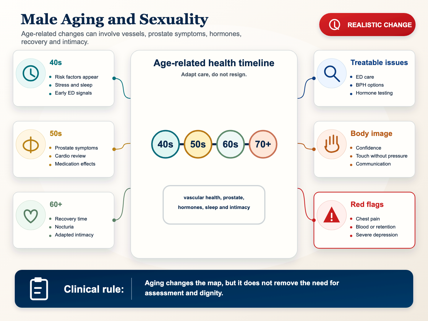 Detailed medical infographic showing male aging, sexuality, prostate, vascular health, hormones and intimacy