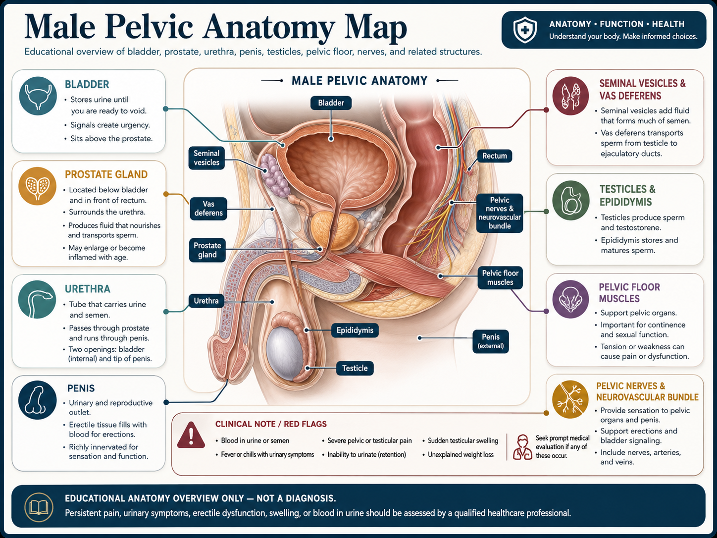Detailed medical infographic showing simple male pelvic anatomy and symptom pathways