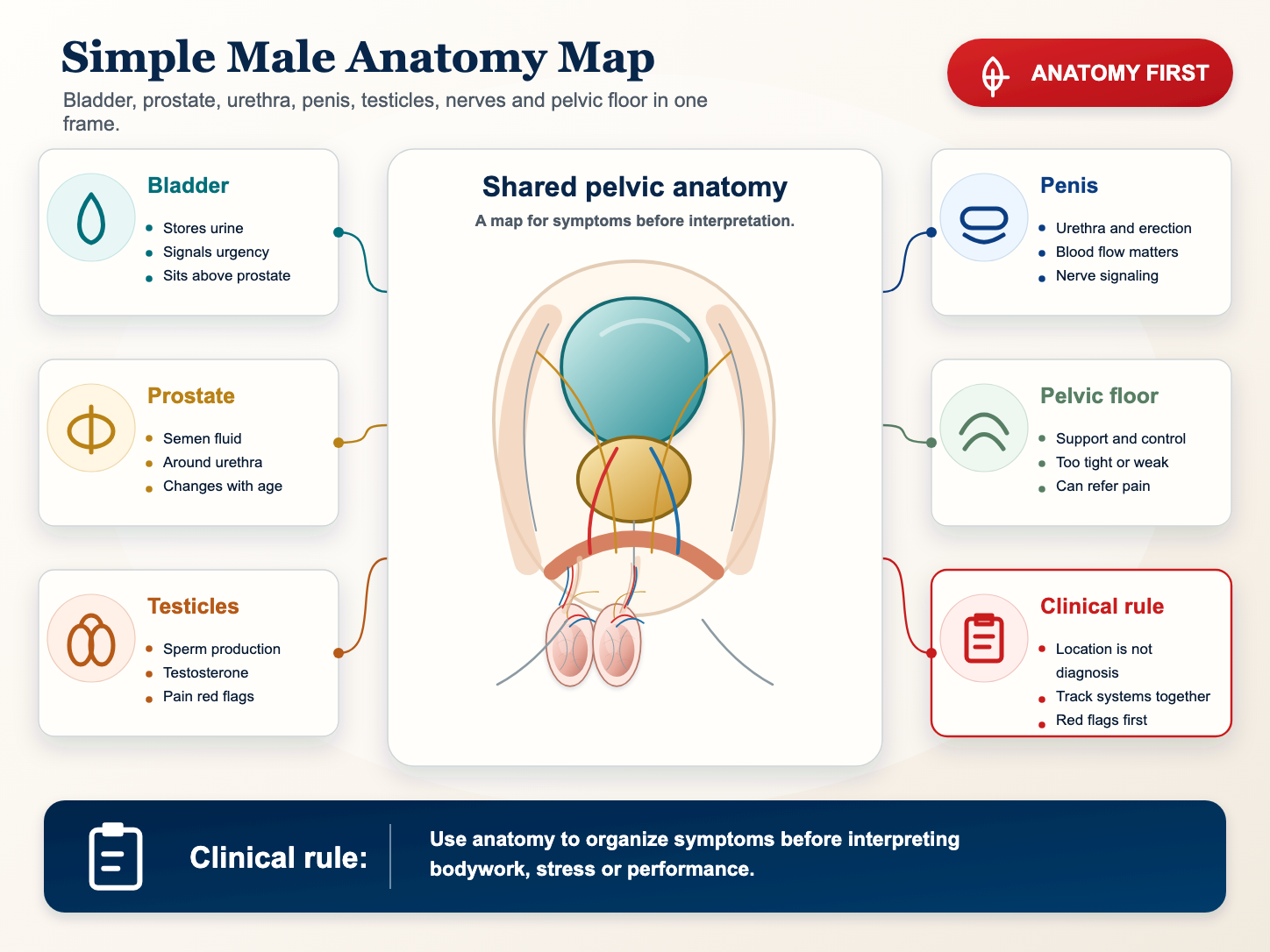 Detailed medical infographic showing simple male pelvic anatomy and symptom pathways