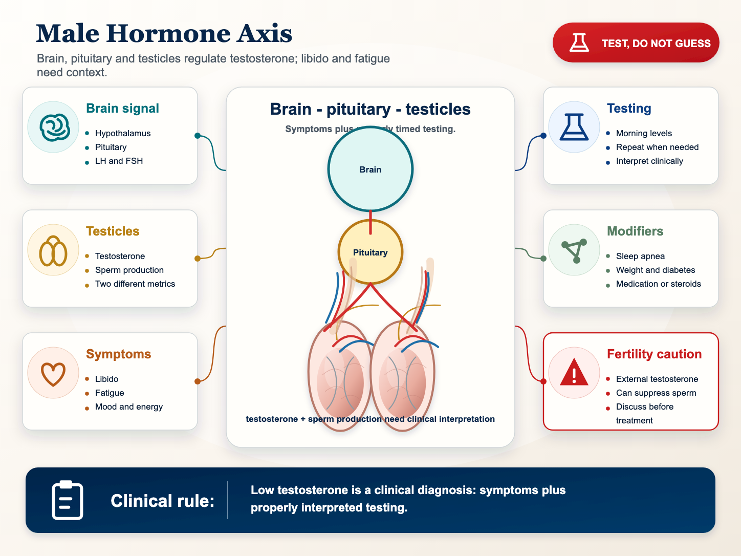 Detailed medical infographic showing brain pituitary testicular hormone axis, testosterone, libido and fatigue pathways