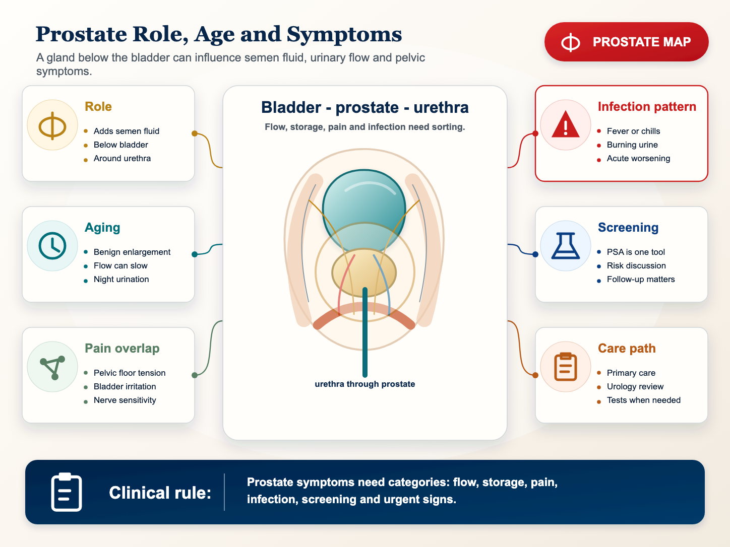 Detailed prostate medical infographic showing bladder, urethra, age-related enlargement and symptom triage
