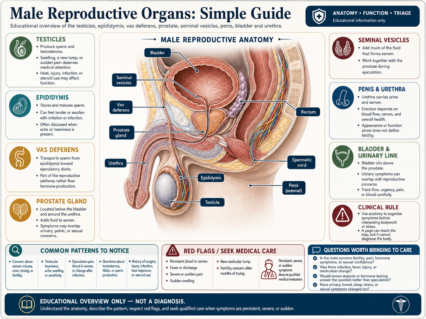 Detailed medical infographic showing male reproductive organs, sperm pathway, bladder, urethra, prostate and red flags