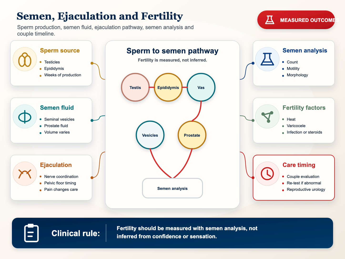 Detailed medical infographic showing sperm production, semen pathway, ejaculation and semen analysis