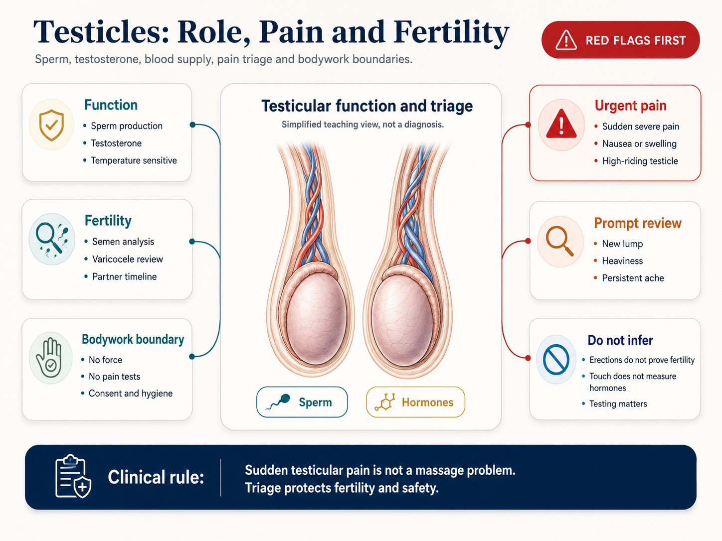 Detailed medical infographic showing testicular anatomy, fertility factors and urgent pain triage