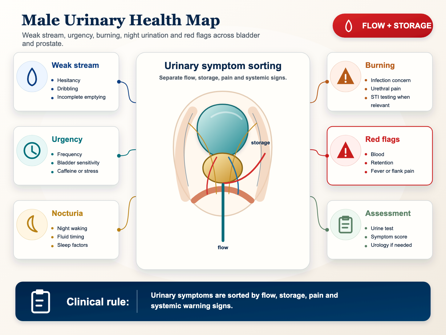 Detailed medical infographic showing male urinary symptoms, bladder, prostate, urethra and red flags