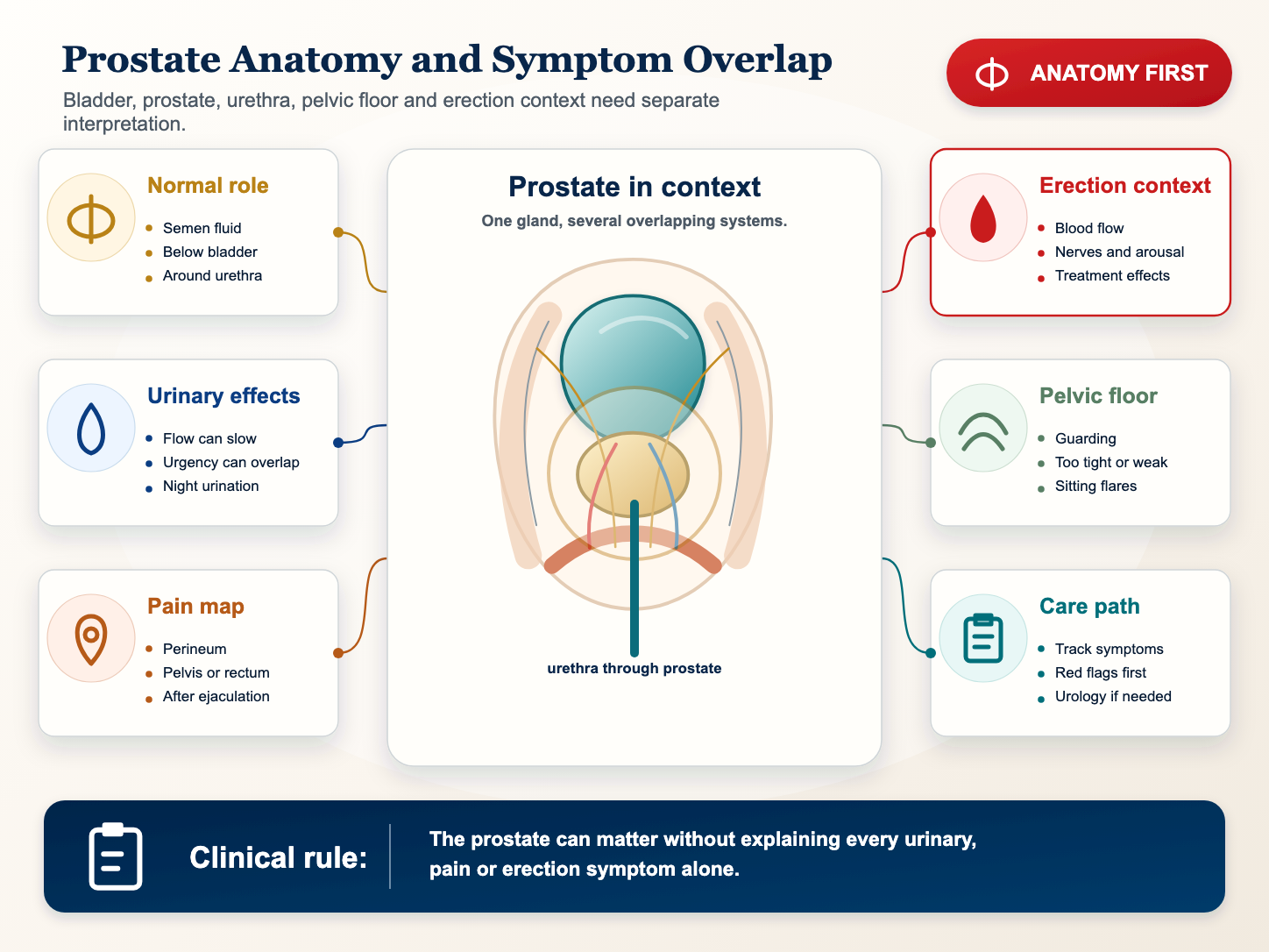 Detailed medical infographic mapping prostate anatomy, bladder, urethra, erection context and pelvic floor overlap