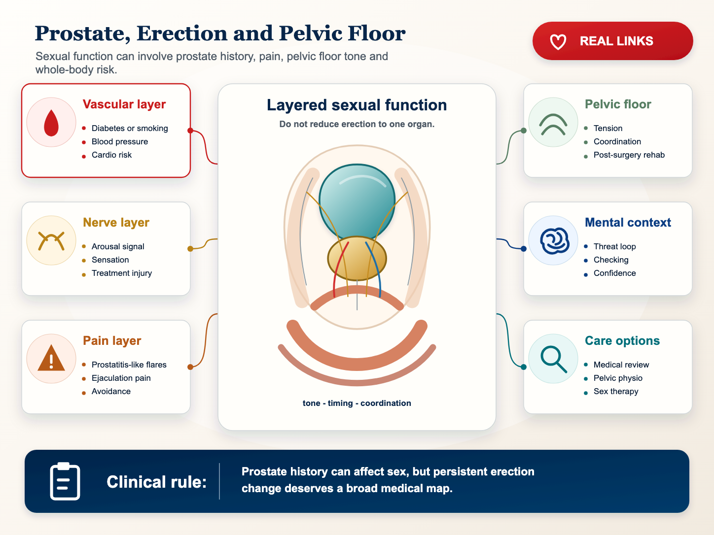 Medical infographic showing prostate treatment, pelvic floor and erection recovery pathways