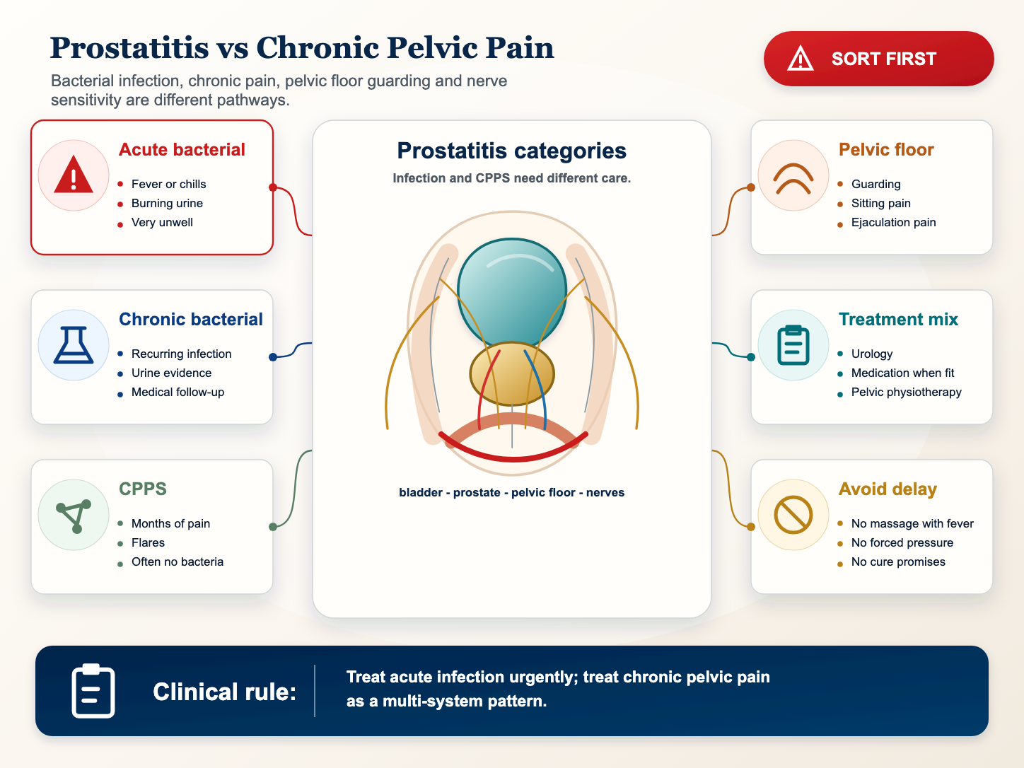 Medical infographic showing chronic prostatitis, CPPS, pelvic floor and care pathways